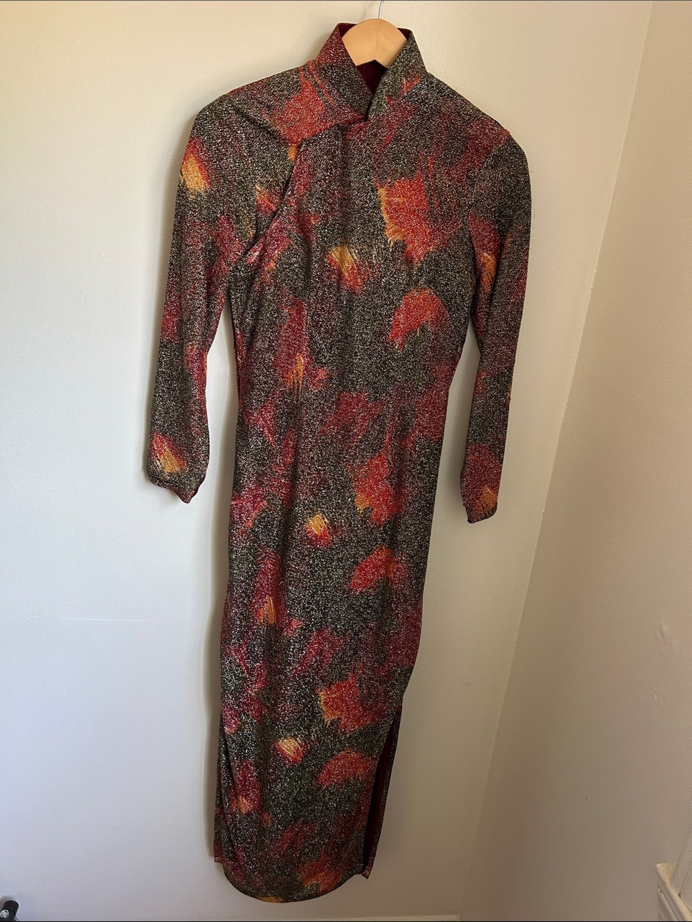 Vintage Metallic Lurex Cheongsam Style Dress, Mandarin Collar, Red Floral